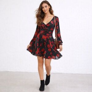 Free People Morning Light Midi Dress in Black Poppy Floral/Polka Dot romantic